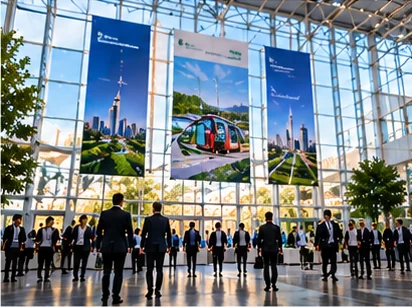 Illustrative image: visitors in a bright exhibition atrium with city innovation banners
