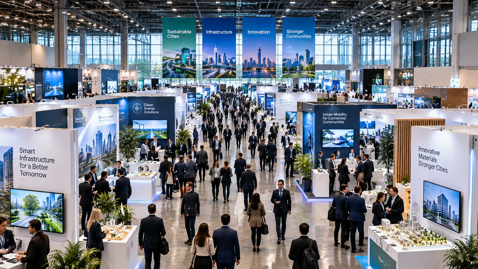 Illustrative image: a busy exhibition hall with booths on sustainable cities, infrastructure and innovative materials