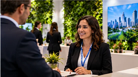 Illustrative image: a visitor speaking with a staff member at an event information desk