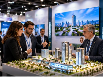 Illustrative image: visitors discussing an architectural city model at an exhibition booth