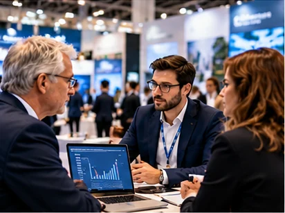 Illustrative image: three people reviewing a growth chart on a laptop at an exhibition