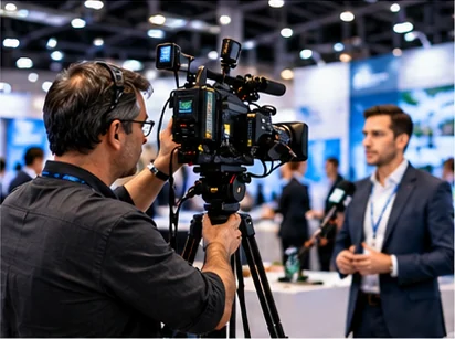 Illustrative image: a camera operator filming an interview at an exhibition
