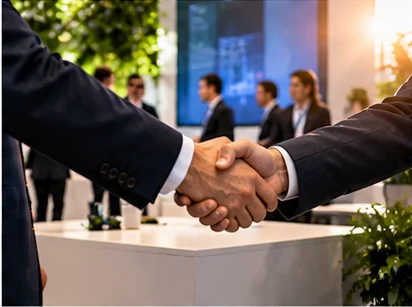 Illustrative image: a handshake at an exhibition stand