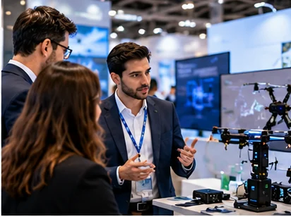 Illustrative image: a founder demonstrating a drone prototype to visitors at an exhibition stand